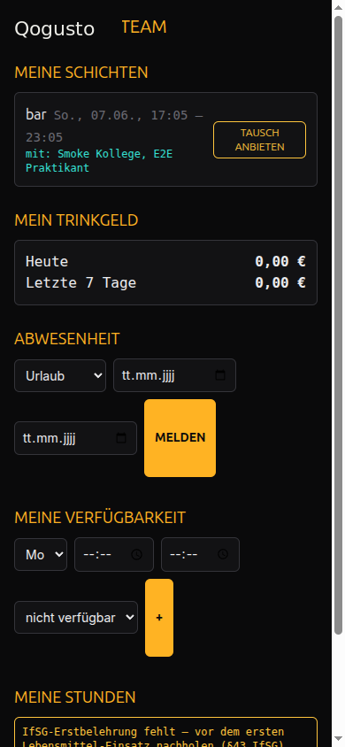 Team-PWA: meine Schichten, Trinkgeld-Konto, Abwesenheit und Verfügbarkeit